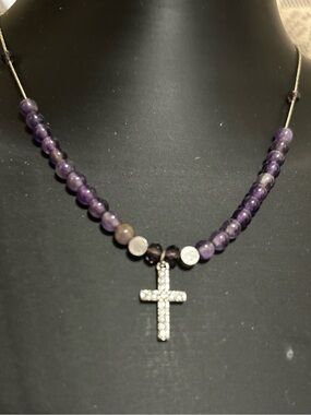 Purple Beaded Necklace with Crystal Cross Pendant